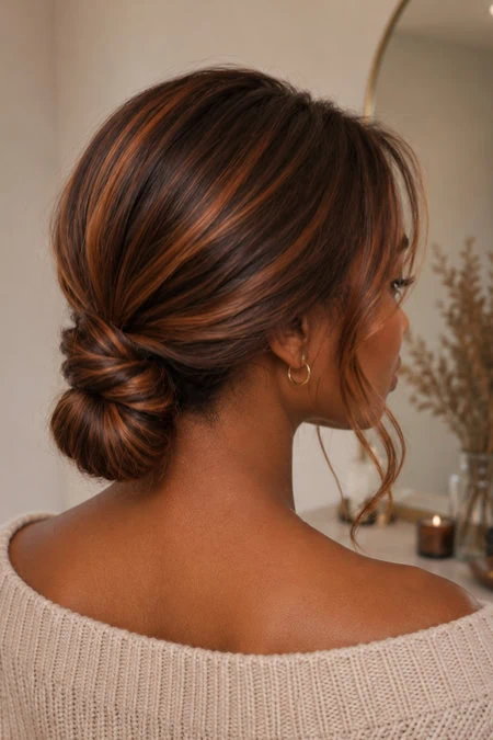 Elegant woman with a stylish low bun hairstyle featuring warm brown highlights, wearing a beige sweater, in a cozy, well-lit room with decorative plants and candles.