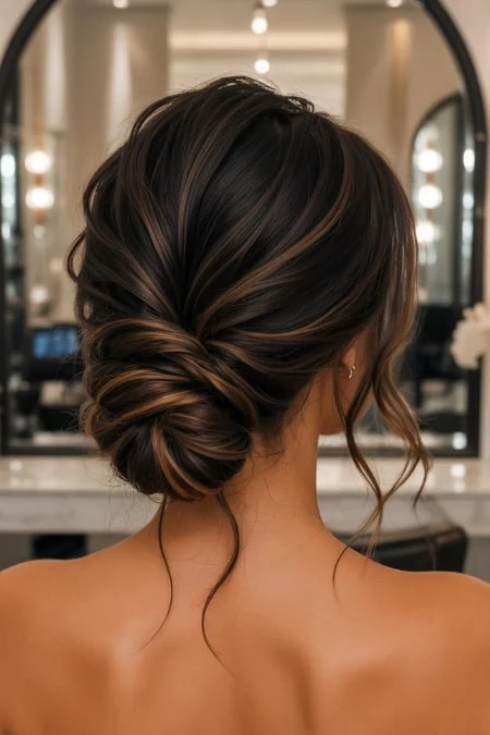 Elegant updo hairstyle with soft curls and highlights, perfect for special occasions or professional settings, showcasing hair styling expertise.