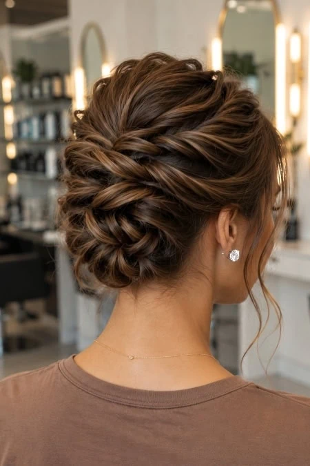 Elegant updo hairstyle with intricate braids and twists, perfect for formal occasions or weddings, showcasing professional hair styling in a salon setting.
