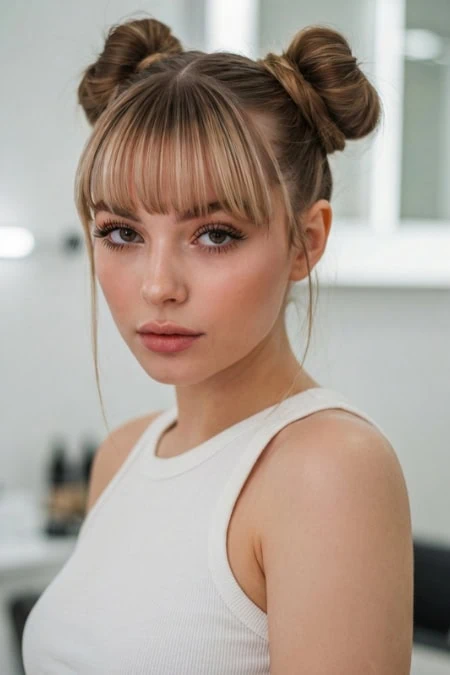 Young woman with styled double buns and straight bangs, wearing a white sleeveless top, in a modern, well-lit indoor setting.