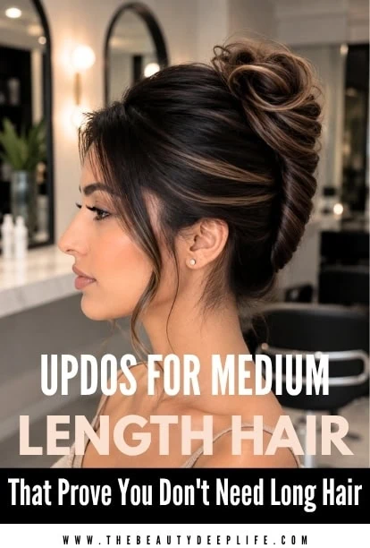 Elegant updos hairstyle for medium-length hair, showcasing a stylish and sophisticated look suitable for special occasions.
