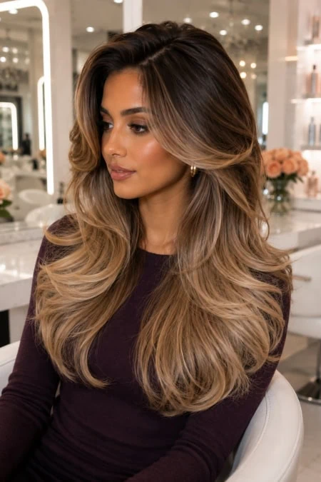 Long, layered balayage hairstyle with soft waves, perfect for a glamorous look, featuring warm caramel and honey tones.