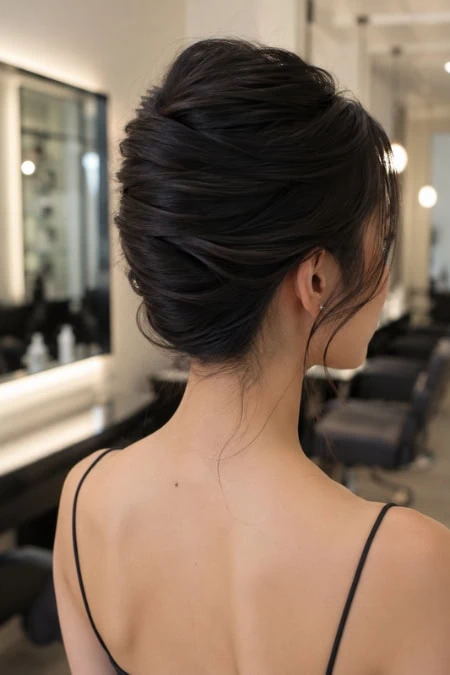Elegant updo hairstyle for medium-length hair, perfect for formal occasions, showcasing a sleek and sophisticated look.