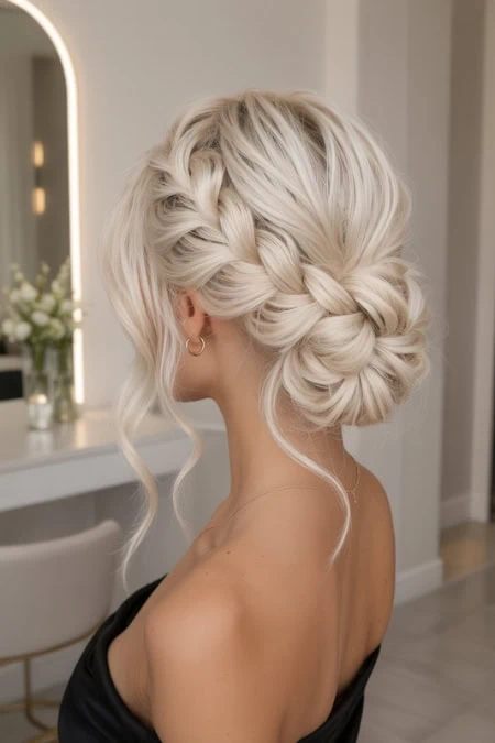 Elegant blonde updo hairstyle with a braided crown, perfect for special occasions or formal events, showcasing intricate hair styling and volume.