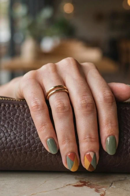 Elegant geometric accent designs on the ring fingers, held over a textured brown clutch in a cozy, stylish setting.