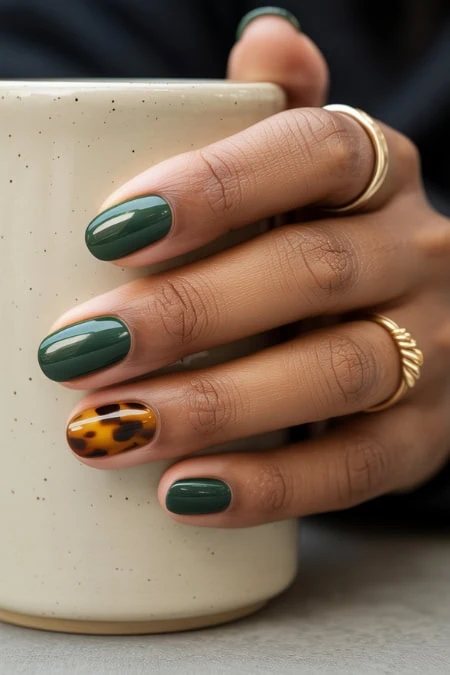Close-up of a hand with green and leopard print nails holding a beige ceramic mug, showcasing trendy nail art for all-year-round style.