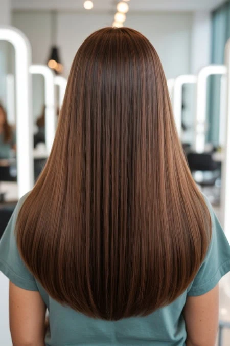Long, straight, shiny brown hair styled smoothly, showcasing healthy hair care at The Beauty Deep Life salon.