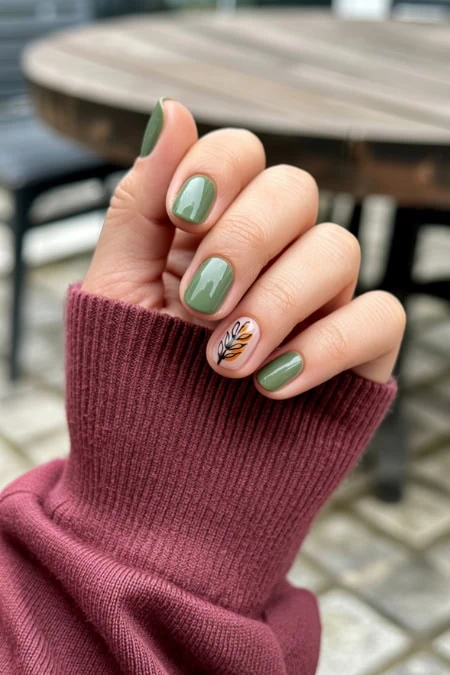 Close-up of a hand with green and floral accent nails, wearing a maroon sweater, outdoors with a wooden table in the background.