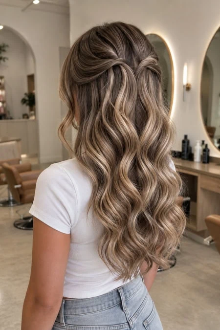 Long, wavy half up hairstyle for a stylish, elegant look, perfect for homecoming or special occasions.
