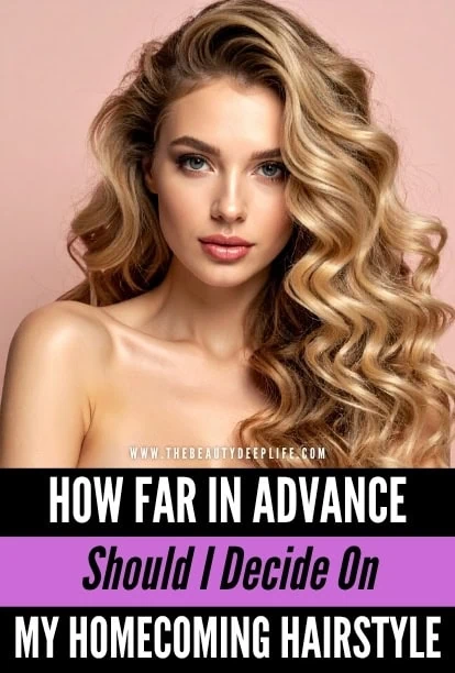 Beautiful young woman with long, voluminous blonde curly hair, wearing natural makeup, posing against a soft pink background, showcasing her stylish hairstyle for homecoming.
