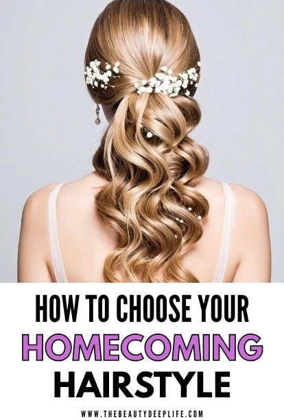 Elegant hairstyle with loose curls and floral hair accessories, perfect for homecoming or special occasions.