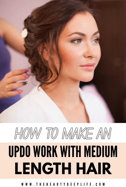 Elegant medium-length updo hairstyle for women, perfect for special occasions and showcasing versatile hair styling options.