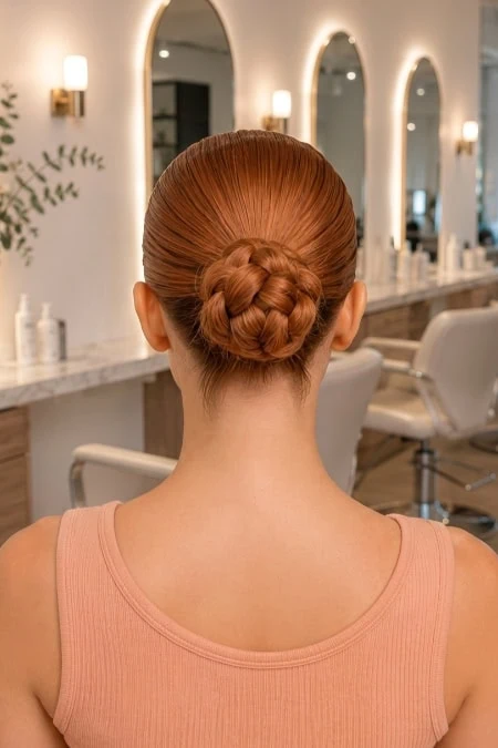 Elegant updo hairstyle with a braided bun on a woman with red hair in a modern salon setting.