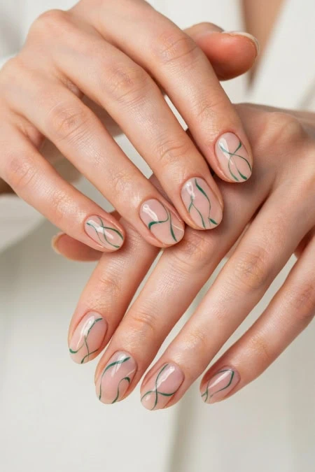Elegant nude nails with green and gold abstract line art design