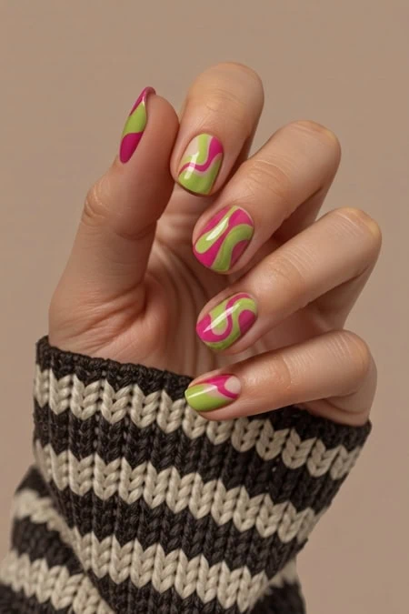 Colorful green and pink swirl nail art on manicured nails, perfect for all year round, from The Beauty Deep Life.