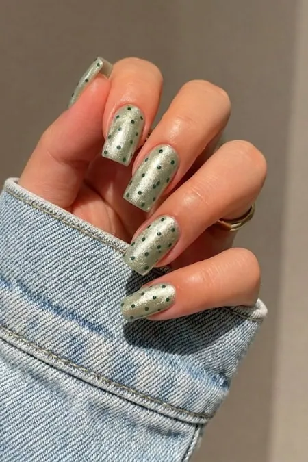 hand with polka-dot manicure design.