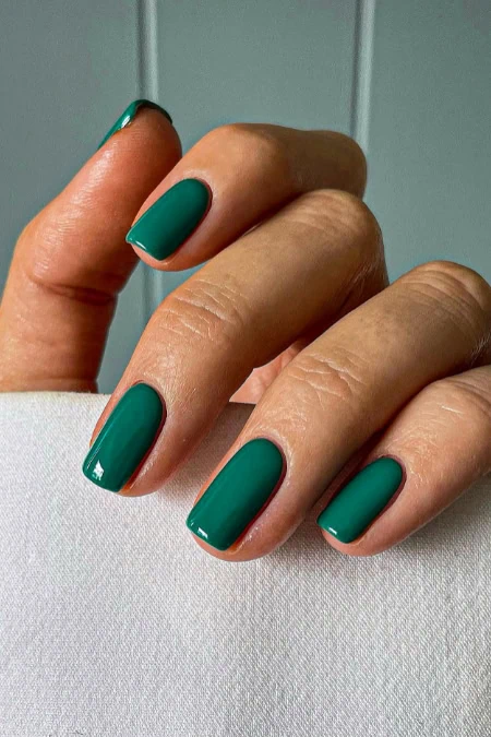 Elegant green nail polish on well-manicured nails, perfect for all-year-round style and beauty.