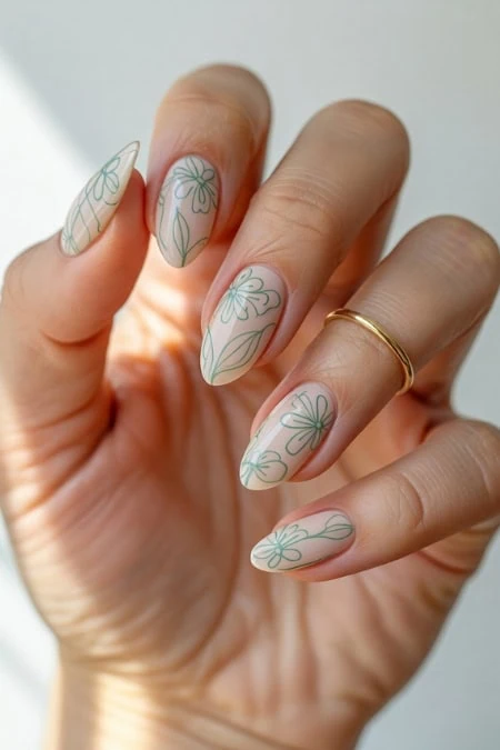 Elegant delicate green floral line art design manicure