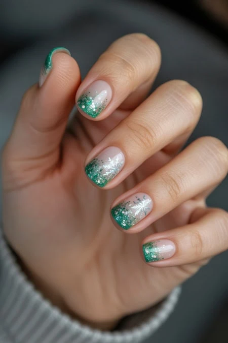 Elegant green and silver glitter nail art with snowflake accents, perfect for winter or holiday season.