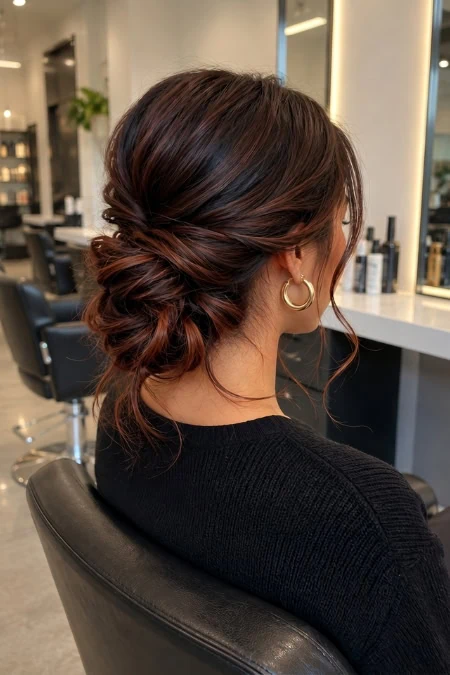 Elegant updo hairstyle with intricate twists, perfect for homecoming events, showcasing a sophisticated and stylish look.