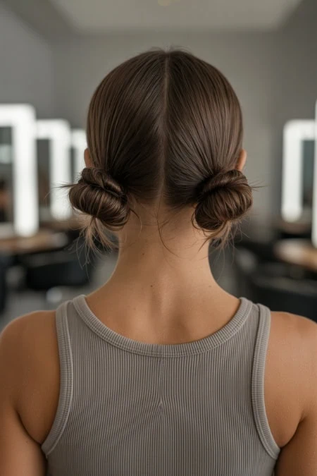 Chic updo hairstyle for medium-length hair featuring two twisted buns at the nape, perfect for stylish occasions and showcasing versatility of medium hair.