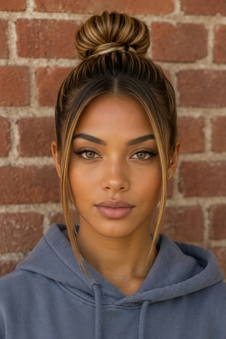 Close-up of a young woman with styled hair in a high bun, wearing a blue hoodie, standing against a brick wall, showcasing natural beauty and makeup.