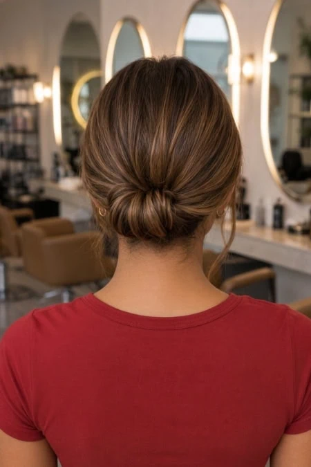 Back view of a woman with neatly styled low bun hairstyle in a modern salon with mirrors and salon chairs.