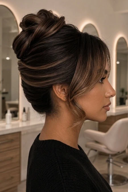 Elegant updo hairstyle with voluminous, styled hair and subtle highlights, perfect for special occasions or professional settings.