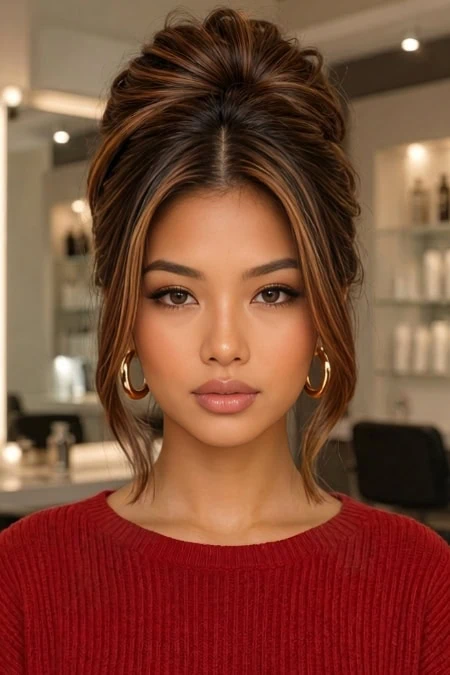 Elegant young woman with styled hair, wearing gold hoop earrings and a red sweater, in a modern salon setting, showcasing beauty and hair styling services.