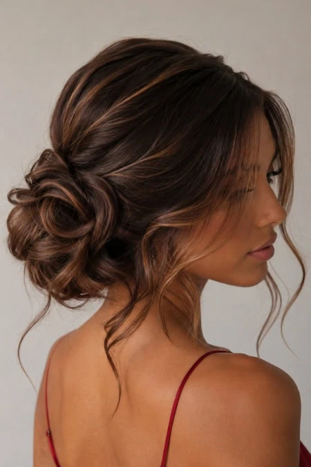 Elegant medium-length updo hairstyle with loose waves and volume, perfect for special occasions or everyday wear.