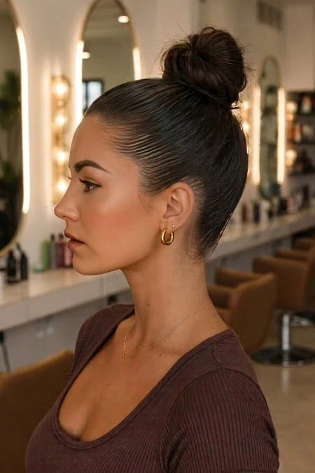 Elegant woman with a high bun hairstyle, wearing gold hoop earrings and a brown top, in a modern salon setting with mirrors and styling chairs.