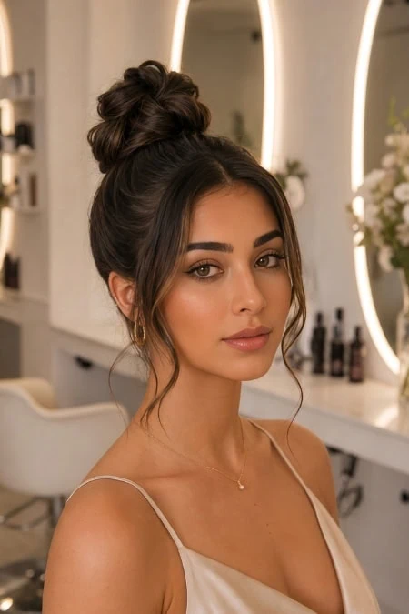 Elegant young woman with styled hair in a high bun, wearing a satin dress, in a modern beauty salon with bright lighting and floral decor.