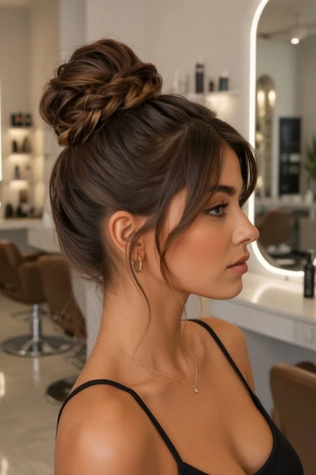 Elegant updo hairstyle for medium-length hair, perfect for formal occasions, showcasing intricate braiding and volume.
