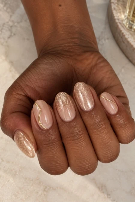 Close-up of a hand with beautifully manicured nails featuring a nude base color, gold accents, and glitter details, showcasing elegant nail art and professional manicure.