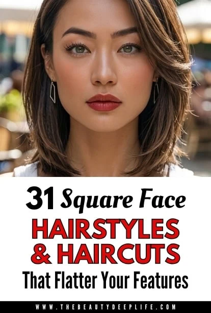 Close-up of a woman with a square face, styled with shoulder-length hair and subtle makeup, suitable for showcasing hairstyles for square face shapes.