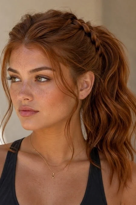 Close-up of a young woman with red hair styled in a side braid and loose waves, wearing a black tank top and a delicate gold necklace, showcasing natural beauty and skincare.