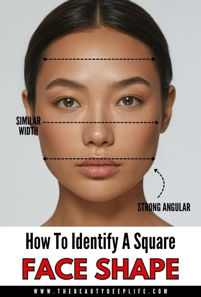 Guide to identifying a square face shape with features like similar width and height, and a strong angular jawline.