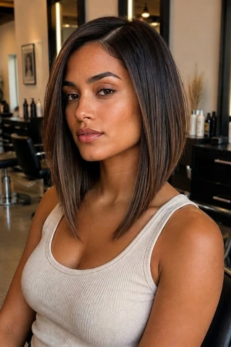 Stylish woman with shoulder-length straight hair and natural makeup in a modern salon setting, representing beauty and hair care services.