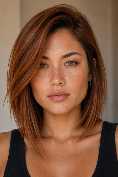 Close-up of a young woman with shoulder-length auburn hair, clear skin, and subtle makeup, wearing a black tank top, looking confidently at the camera.