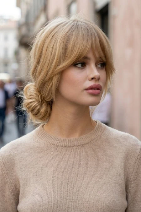 Stylish young woman with blonde hair in a loose bun, wearing a beige sweater, walking outdoors in an urban setting with blurred buildings in the background.