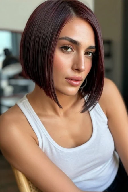 Close-up of a young woman with sleek, straight, dark red hair and natural makeup, wearing a white tank top, in a modern indoor setting.