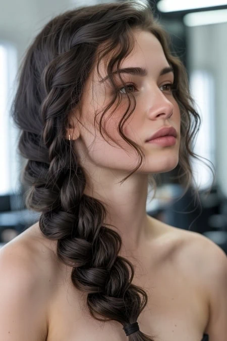 Close-up of a young woman with long, dark, curly hair styled in loose braids, looking thoughtfully to the side in a professional setting.