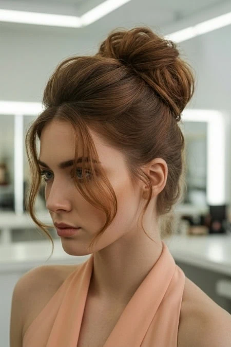 Elegant woman with styled red hair in a high bun, wearing a peach-colored top, in a modern beauty salon with bright lighting and mirrors.