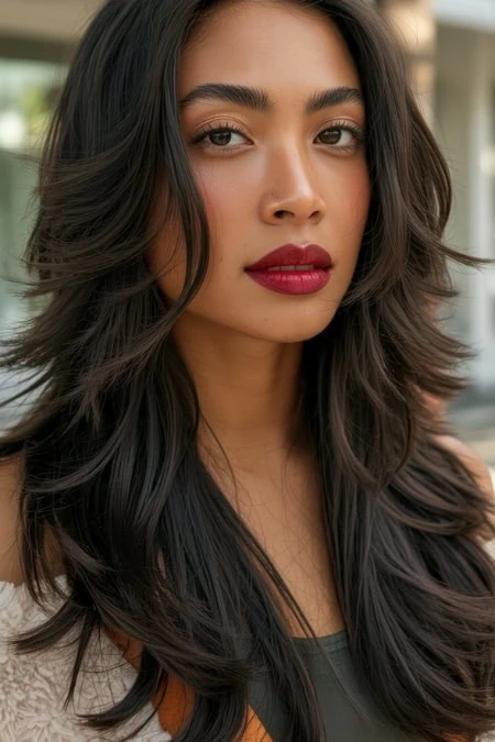 Close-up of a woman with long, wavy dark hair, bold red lipstick, and natural makeup, showcasing beauty and skincare focus for The Beauty Deep Life.