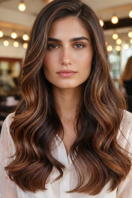 Beautiful young woman with long, wavy brown hair and natural makeup in a cozy, well-lit cafe setting.