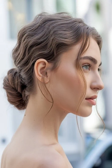 Close-up of a young woman with natural makeup and styled hair, outdoors in an urban setting, showcasing beauty and skincare focus.