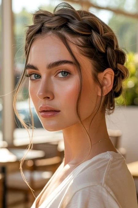 Close-up of a young woman with braided hairstyle, clear skin, and natural makeup, in a bright, outdoor setting with blurred background.
