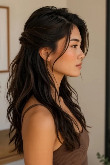 Side profile of a young woman with long, wavy dark hair, wearing a brown sleeveless top, indoors with neutral background, showcasing natural beauty and hair styling.