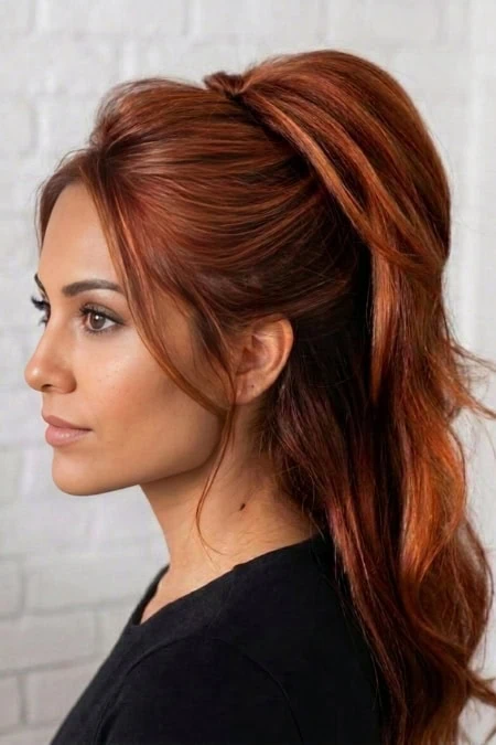 Elegant red hair styled in a voluminous half-up, half-down hairstyle with soft waves, perfect for a square face.