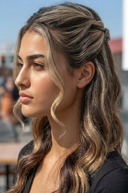 Close-up of a young woman with wavy, highlighted hair styled in loose waves, outdoors on a sunny day, showcasing her natural beauty and hair texture.